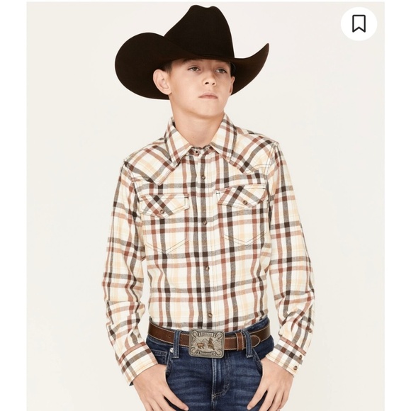 Cody James Boys Plaid Flannel Pearl Snap Shirt Beige Brown Western Pockets Large - Picture 1 of 15